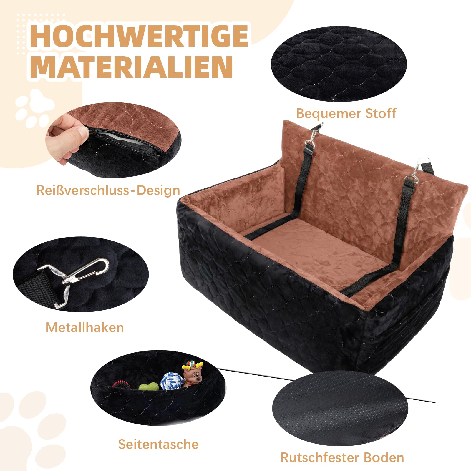 Hunde Autositz für mittlerer große Hunde, Abnehmbarer Hundesitz Auto bis zu 25kg mit 2 Sicherheitsleinen, Waschbarer Hundebett Auto für den Rücksitz,Braun+schwarz