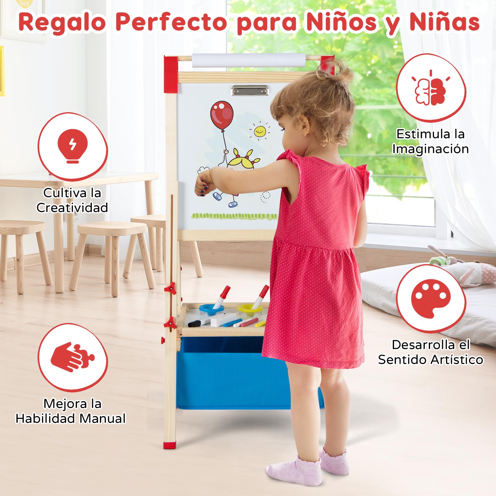 RELAX4LIFE 3 en 1 Caballete Pintura Infantil con Pizarra Magnética, Pizarra Blanca, Rollo de Papel y 56 Accesorios de Pintura, Pizarra Infantil Caballete con Altura Ajustable para Niños 3-8 Años