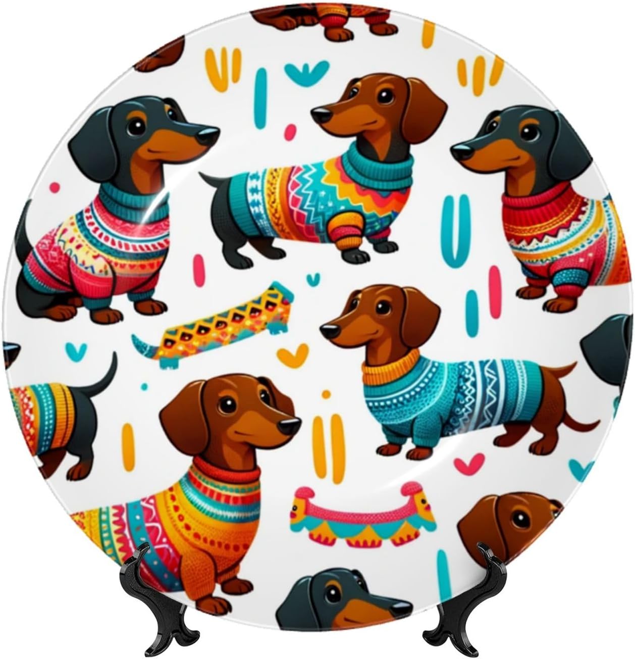 Dachshund-In-Colorful-Sweaters 10 Inch Decorative Plate With Stand, Elegant Display Wall Plate For Home Decor