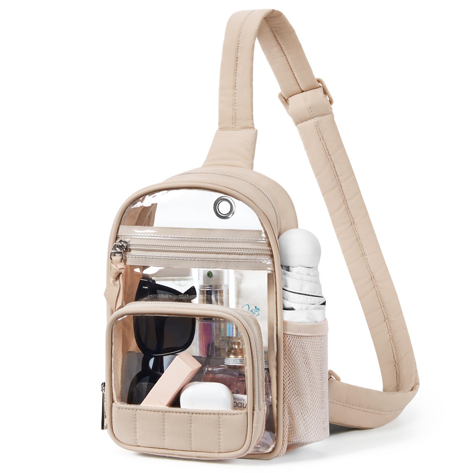 Missnine Clear Bag for Stadium Events Clear Sling Bag Fanny Pack Crossbody Purse for Sport Concert with Side Mesh Pocket