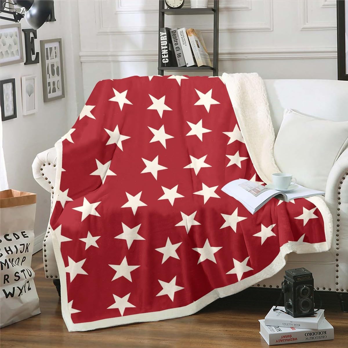 Feelyou Star Printed Fleece Throw Blanket Twin 60"x80" Kids Star Pattern Plush Blanket for Boys Girls Teens Shabby Chic Sherpa Blanket Deep Red Fuzzy Blanket
