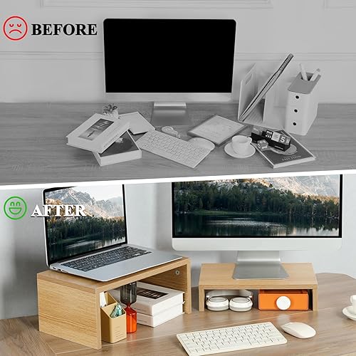 Miniatura 7 de TEAMIX Soporte extraíble para monitor, paquete de 2, soporte de monitor ajustable de madera de 2 niveles, elevador de monitor doble para 2
