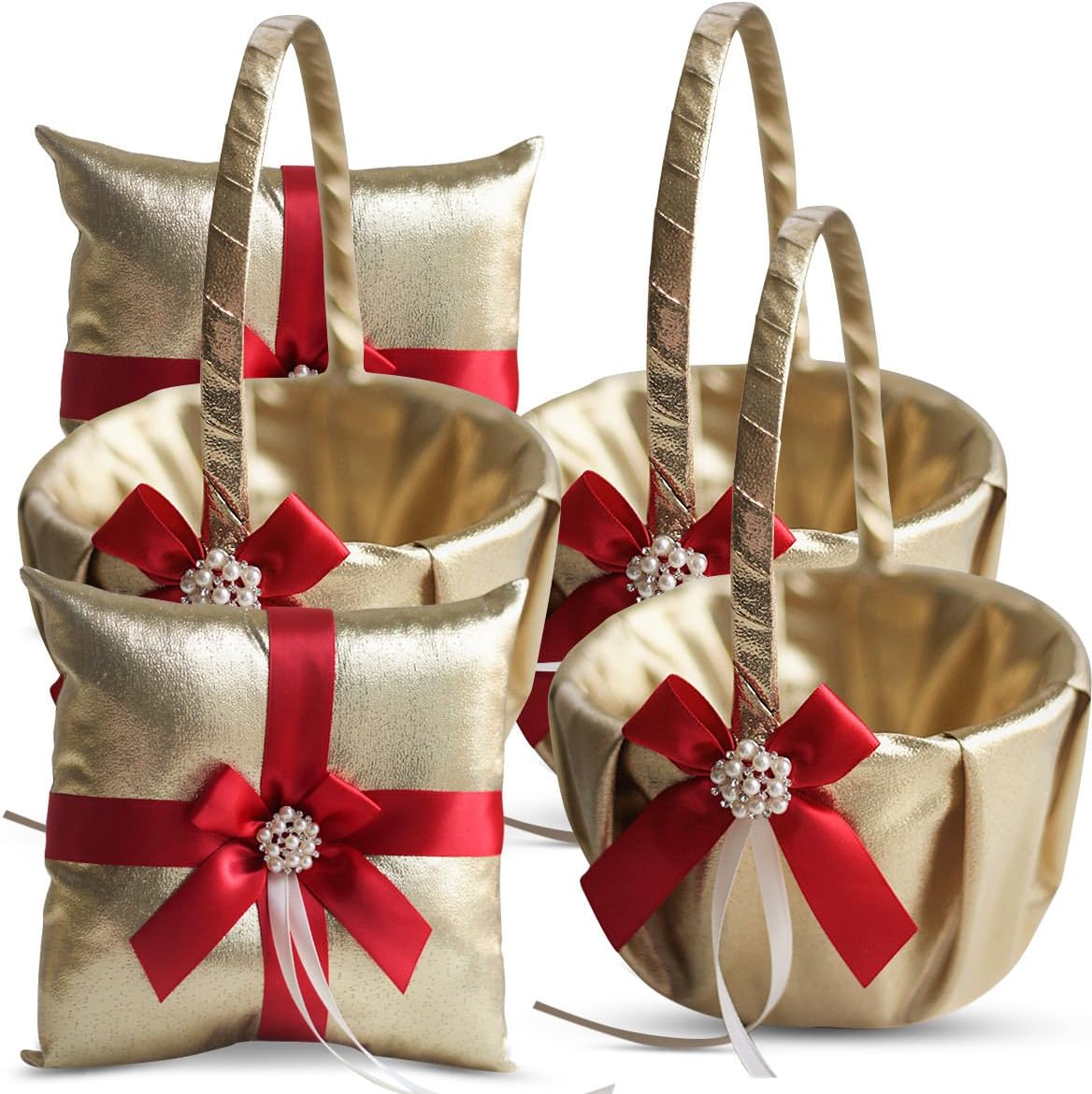 Gold & RED Wedding Ring Bearer Pillow and Flower Girl Basket Set – Satin & Ribbons – Pairs Well with Most Dresses & Themes – Splendour Every Wedding Deserves