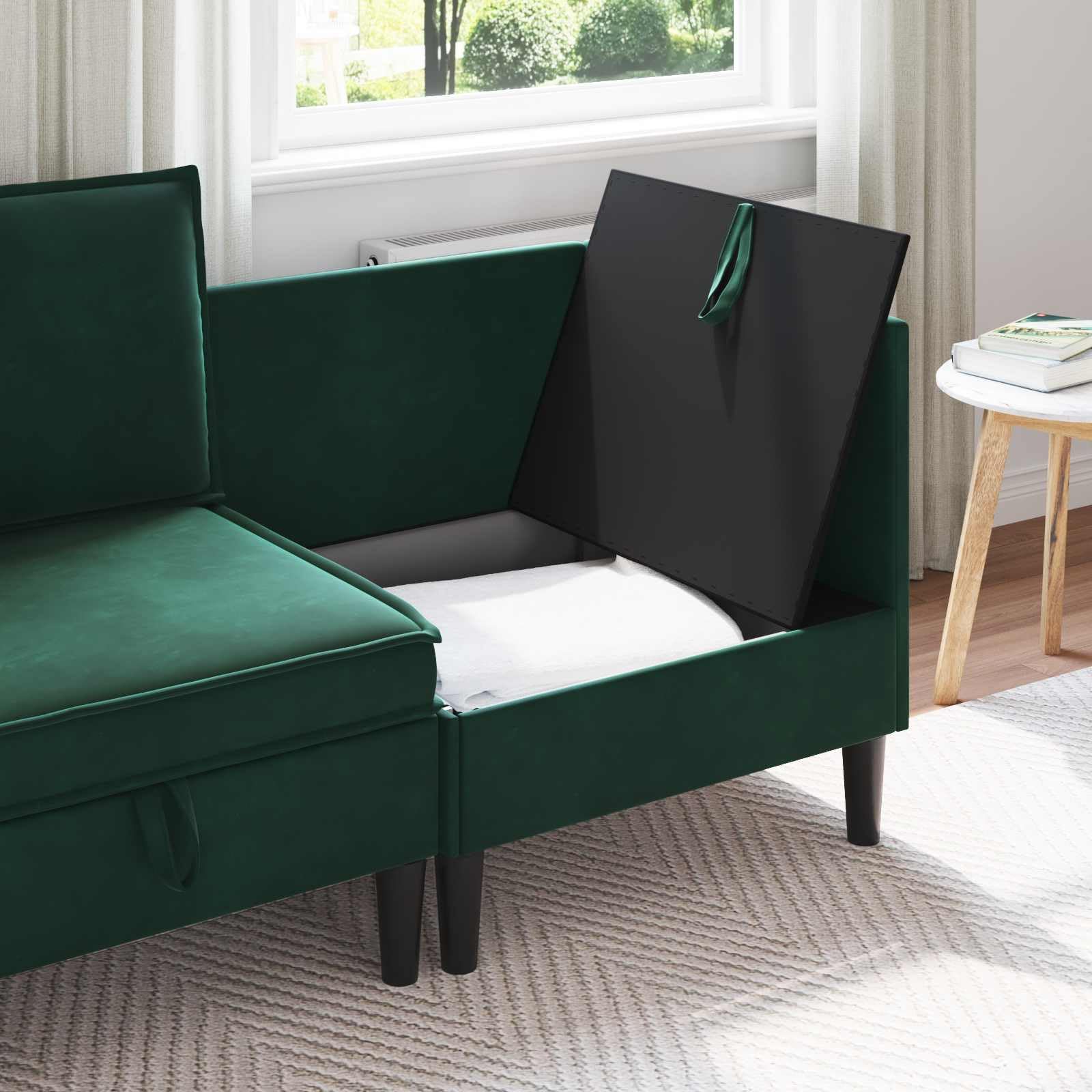 Divano angolare con vano portaoggetti, in velluto verde scuro, moderno, 70 x 70 x 82 cm, poltrona imbottita con vano portaoggetti, per soggiorno, divano singolo in velluto, cuscino incluso