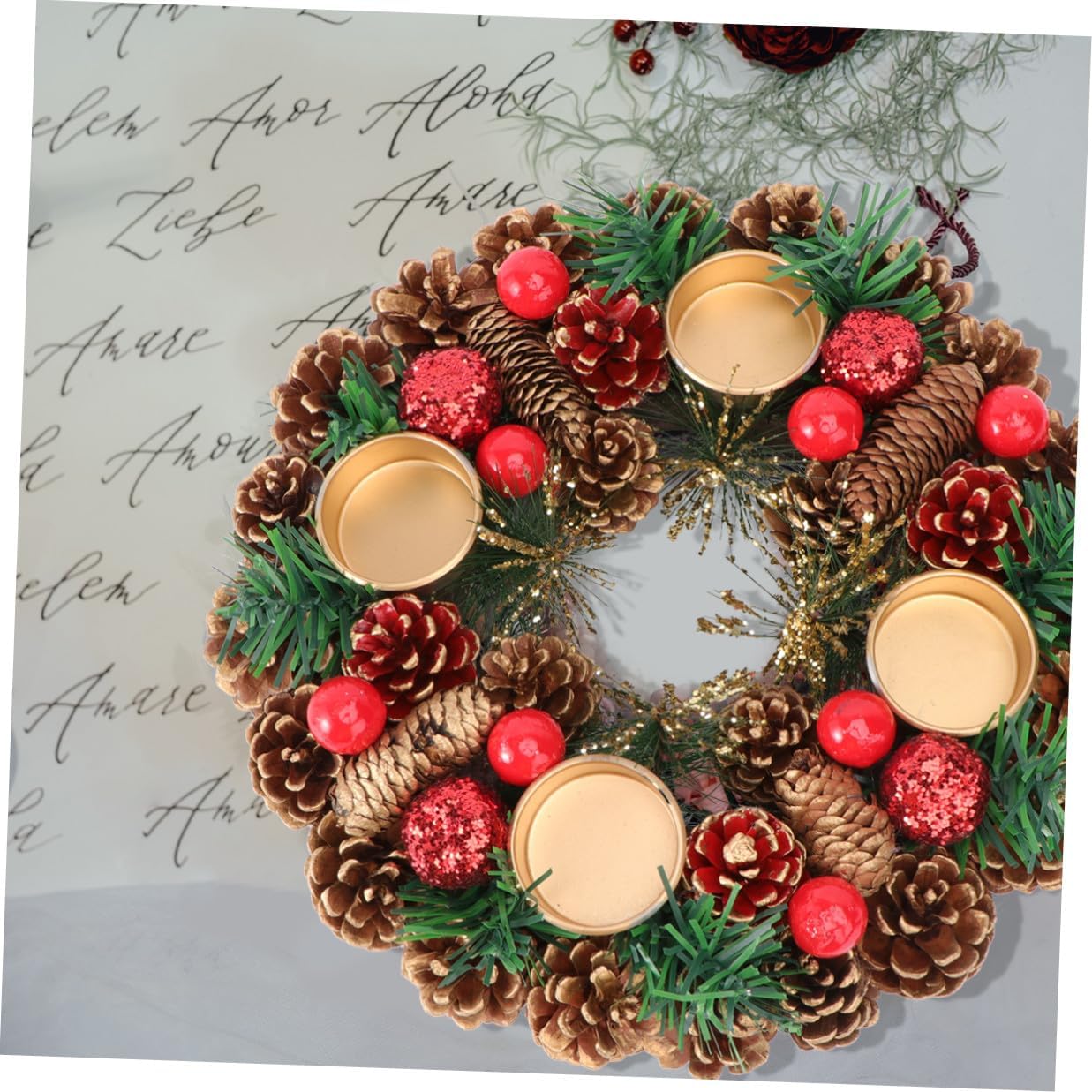 Christmas Candleholder and Handmade Decorative Garland, 27cm Creative Wreath Desktop Decor for Holiday Home Ornament