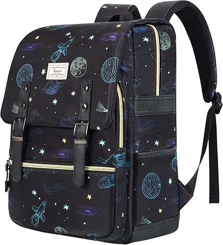 Ronyes Mochila vintage para mujeres y hombres, mochila para laptop de 15.6 pulgadas, mochila casual para trabajo universitario, Negro -, Mochilas