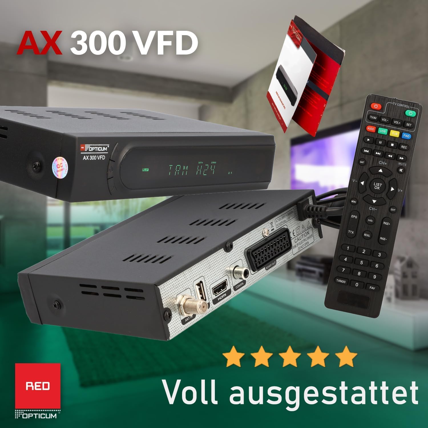 RED OPTICUM AX 300 VFD Sat Receiver mit PVR I Digitaler Satelliten-Receiver HD mit alphanumerischem Display - DVB-S2 - HDMI - SCART - USB 2.0 - Coaxial Audio I 12V Netzteil ideal für Camping