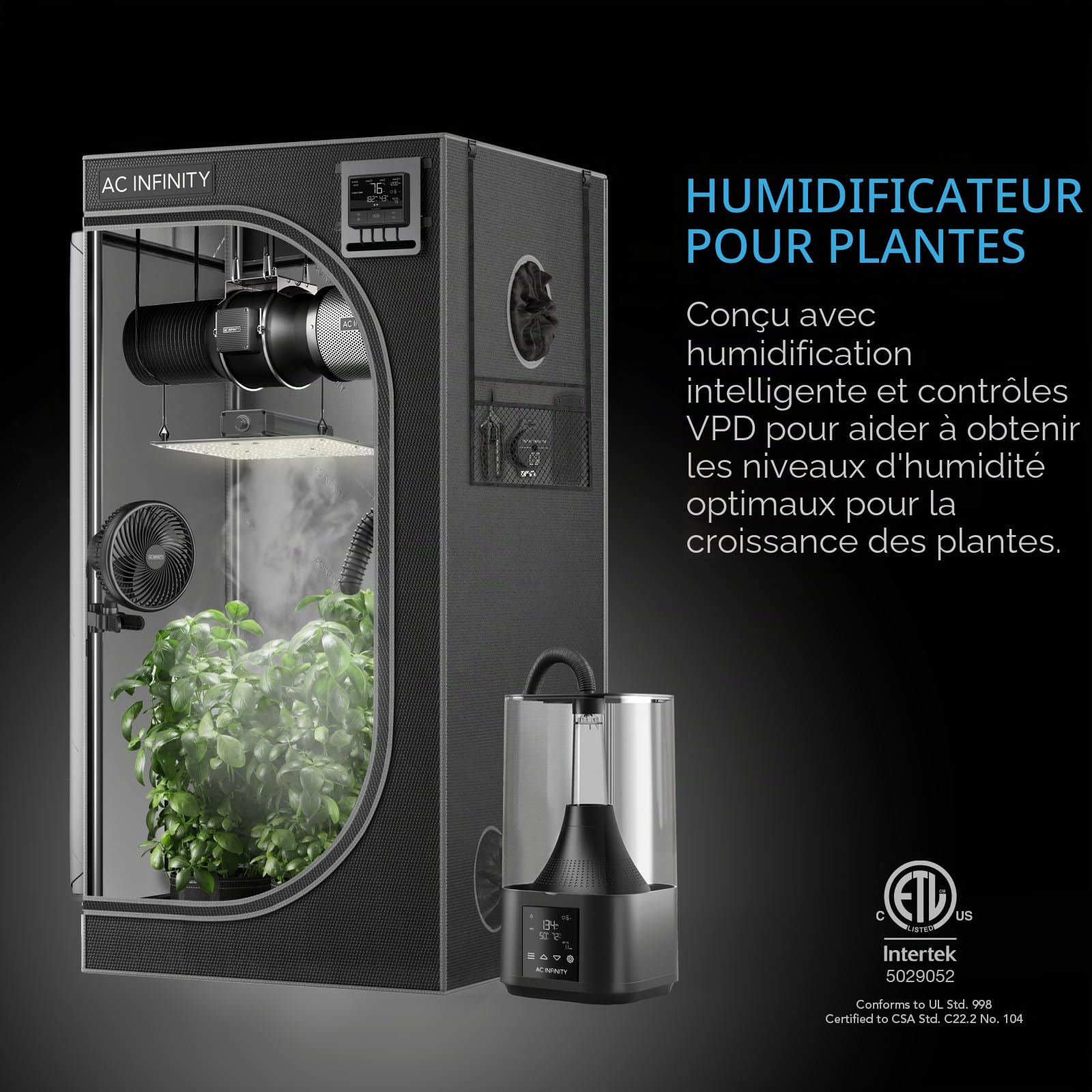 AC Infinity Cloudforge T3 Humidificateur de plantes 4,5 l avec commandes d'humidité VPD, vaporisateur de précision à 10 niveaux, tuyau de ciblage extensible et joint anti-fuite pour tentes de culture