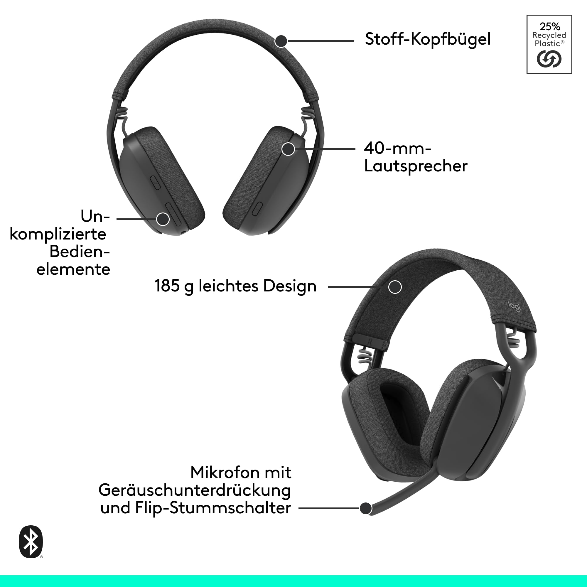 Logitech Zone Vibe Wireless Bluetooth-Kopfhörer mit Mikrofon mit Geräuschunterdrückung, Zertifizierung für Microsoft Teams über Natives Bluetooth, Mac/PC - Graphit
