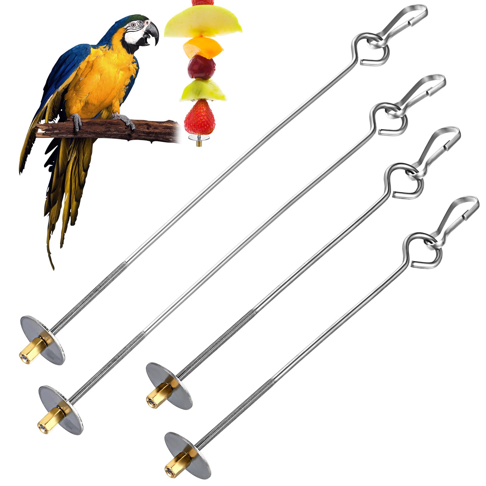 Nogeqi 4PCS Bird Cage Food Holder with Hook, Stainless Steel Bird Feeder for Cage, Parrot Fruit Skewers, Birds Foraging Toys for Macaw Parakeet Parrot Budgie (2 Sizes)