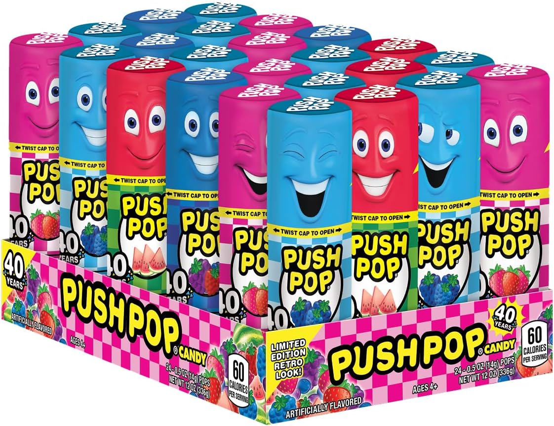 Push Pop Candy Lollipops - Individually Wrapped Variety Candy Party Pack - 24 Count Lollipops in Assorted Fruity Flavors - Fun Candy for Gifts, Celebrations, Party Favors, Gift Baskets, & Birthdays
