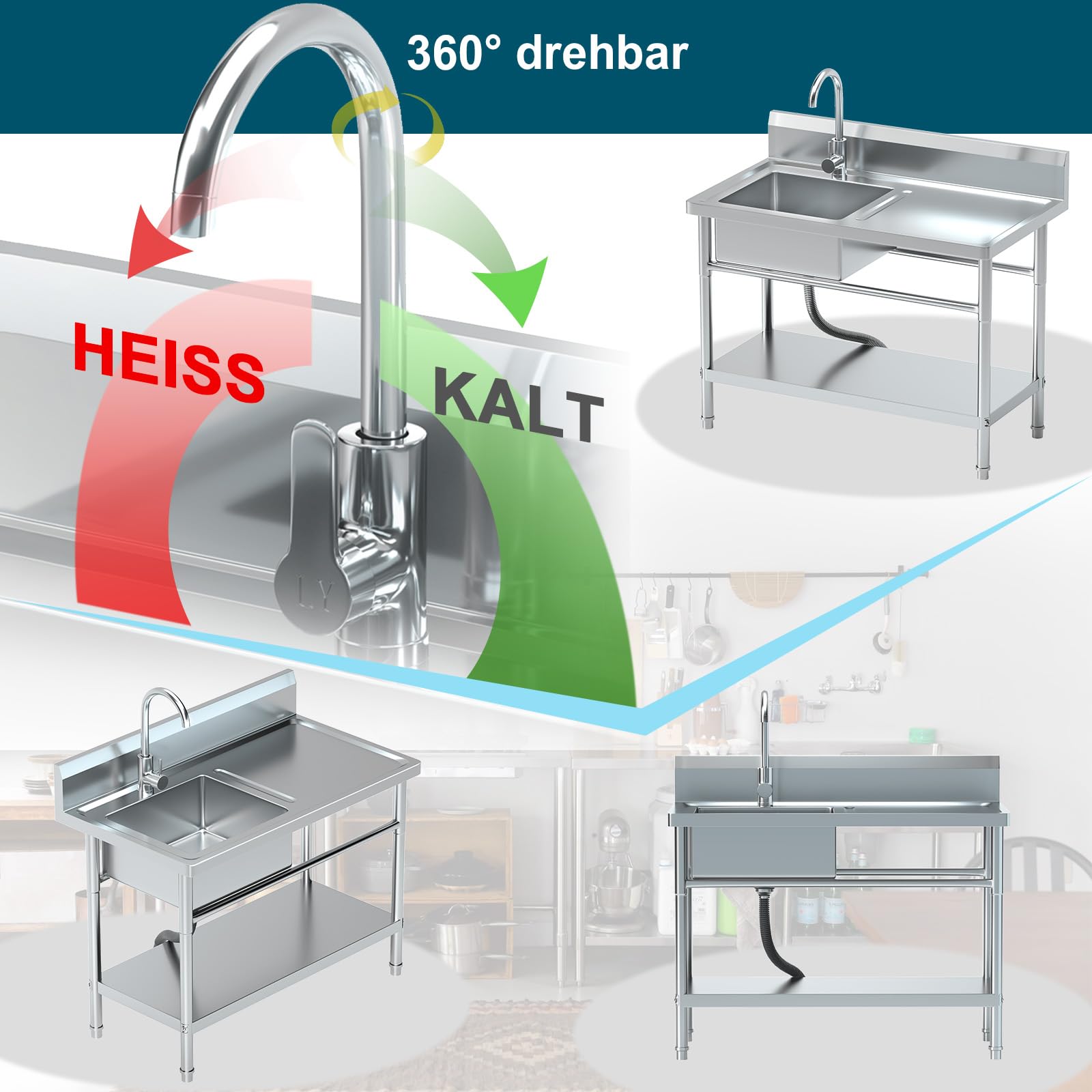 RiveraSink Fregadero Inox Independiente 100×55×80 cm con Encimera, Grifo Giratorio 360°, Cesta Filtro y Cubeta Grande – Altura Ajustable, Fácil de Limpiar – para Cocina, Hostelería y Jardín