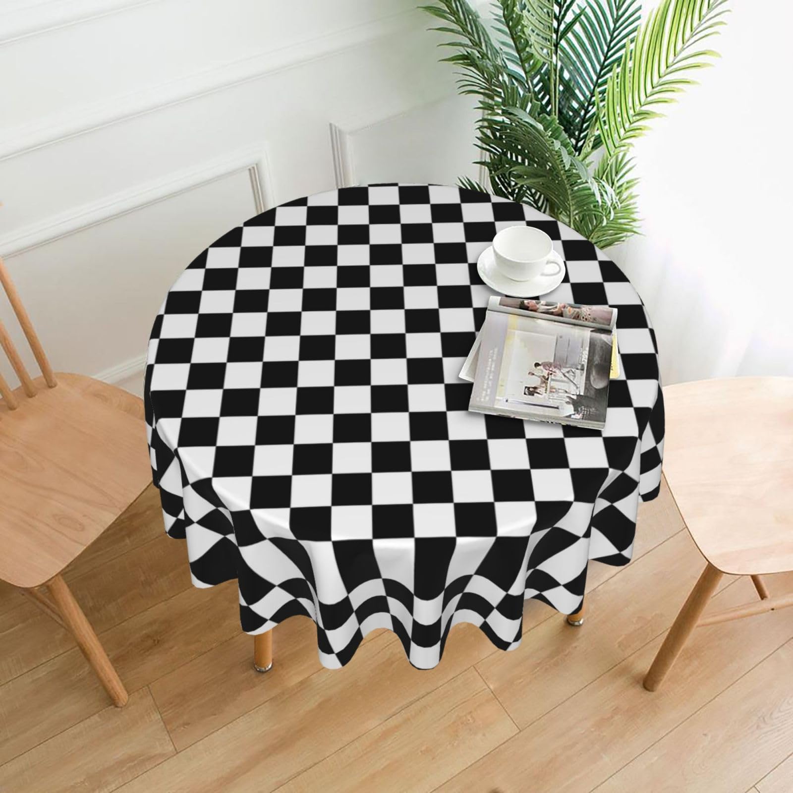 Wzywhj Black And White Checkered Printed Round Long Tablecloth Anti Overflow And Wrinkle Resistant Dining Table Cloth 60 Inches