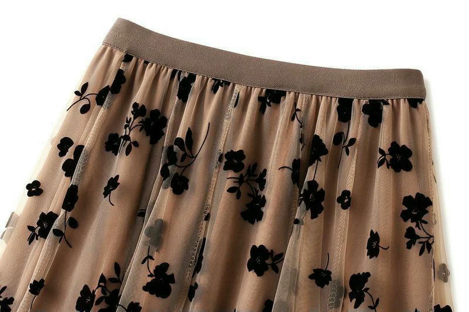 Cintura Sottile Donna Eleganti Donne Floreali Gonne di Tulle in Alto Vita Coreano Gonfie Midi A Pieghe Mesh Uffici Estivi da Gonna Nuovo-Cachi-l