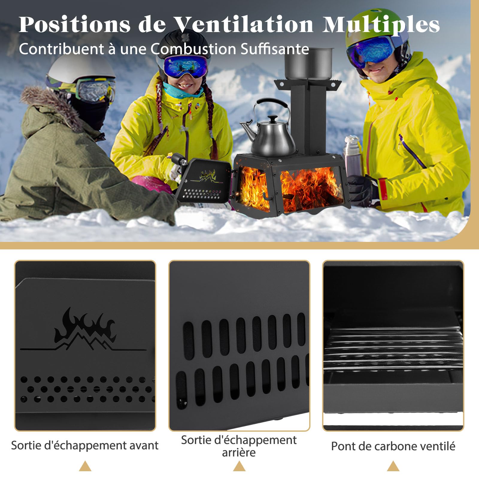 COSTWAY Mini Poêle à Bois Portable en Acier Carbone avec 2 Positions de Cuisson, Réchaud à Bois avec Poignée Anti-brûlure Fenêtre en Verre Résistant pour Cuisine Camping Barbecue