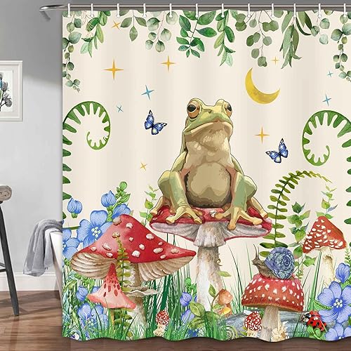 Miniatura 19 de JAWO Cortina de ducha de hongos, cortinas de ducha bohemias con diseño floral, diseño de rana divertida, juego de accesorios de baño con ganchos, 69
