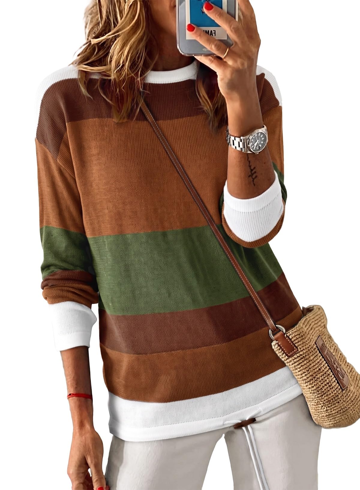 Dokotoo Womens Sweaters Striped Fall Winter Outfits Drawstring Color Block | Long Sleeve,Crewneck,Lightweight Fashion Clothing,Teachers Comfy Outfits,Business Casual Tops,Vacation Wear
