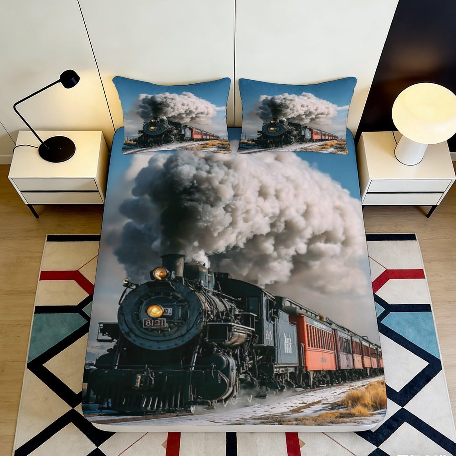 3D Printed Steam Train Railway Fitted Sheet Microfiber Anti-Slip Locomotive Bed Cover for Bedroom Guest Room 90x200x25cm