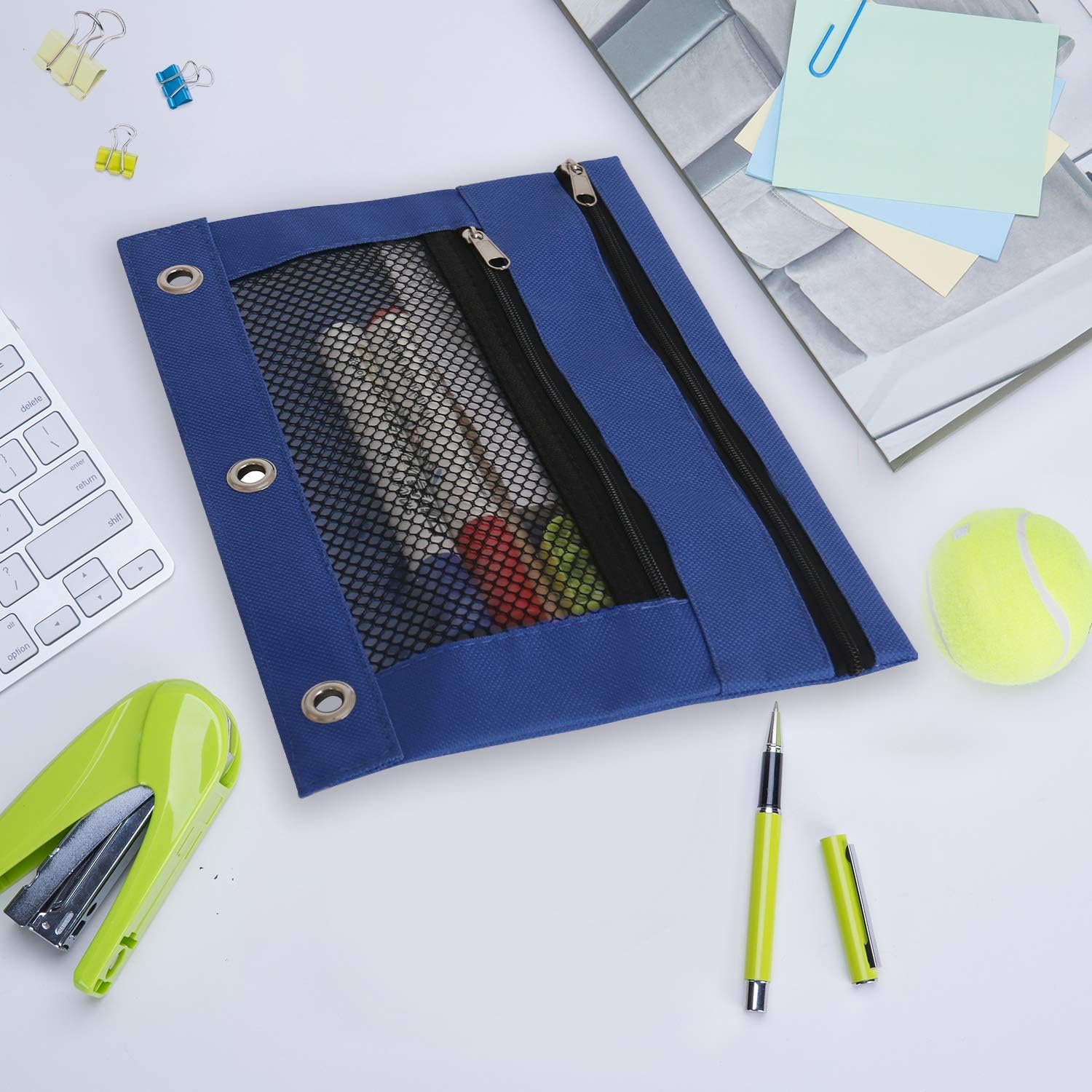 Board2by Binder Pencil Pouch 3 Ring, 12 Pack Clear Mesh Pencil Case with Zipper for Kids, Nylon Pencil Bags Bulk with Double Pocket for Storing School Supplies, Writing Utensils, 6 Colors