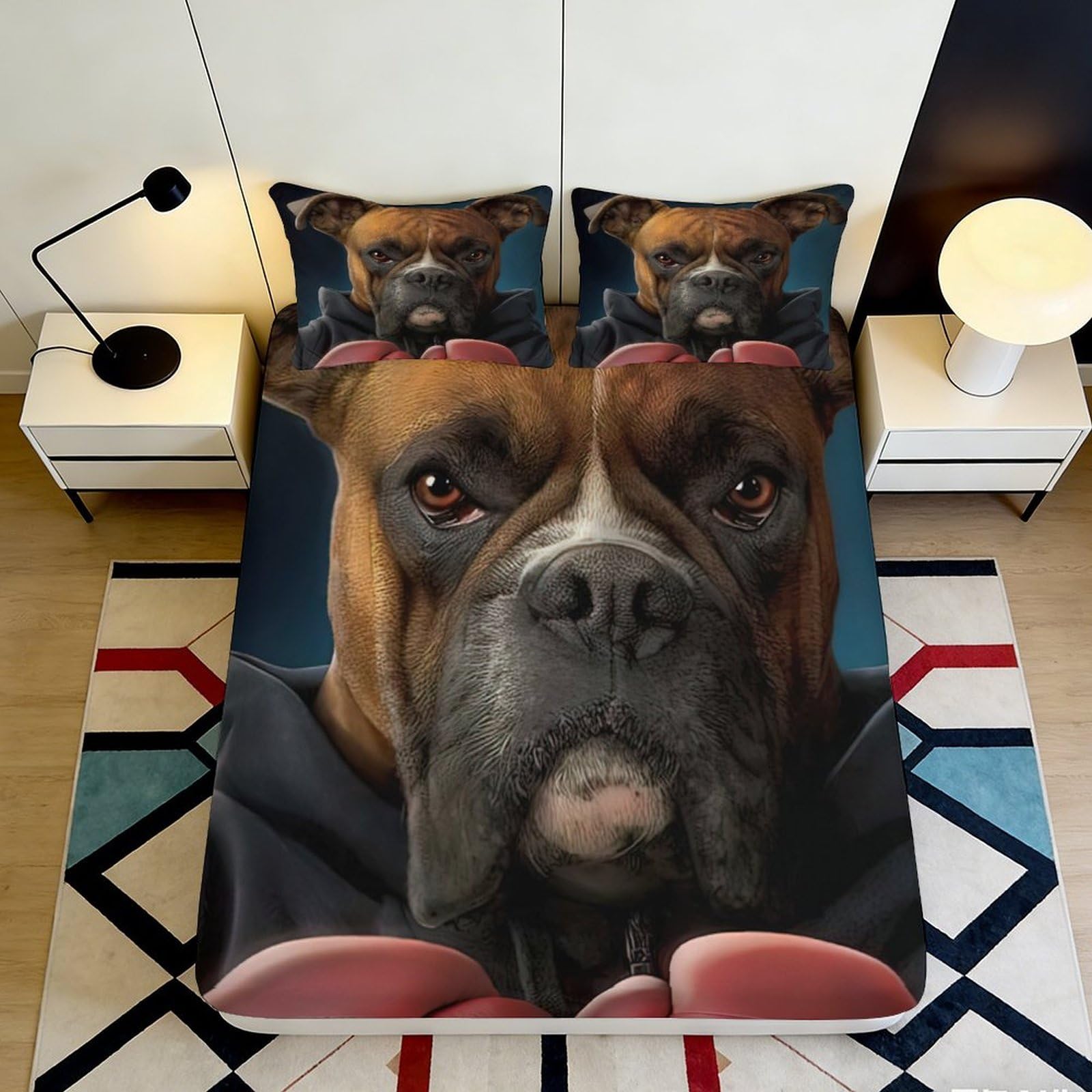 3D Printed Boxer Dog Fitted Sheet Microfiber Soft Bed Cover Realistic Pet Face Design for Bedroom Guest Room Decor 90x200x25cm