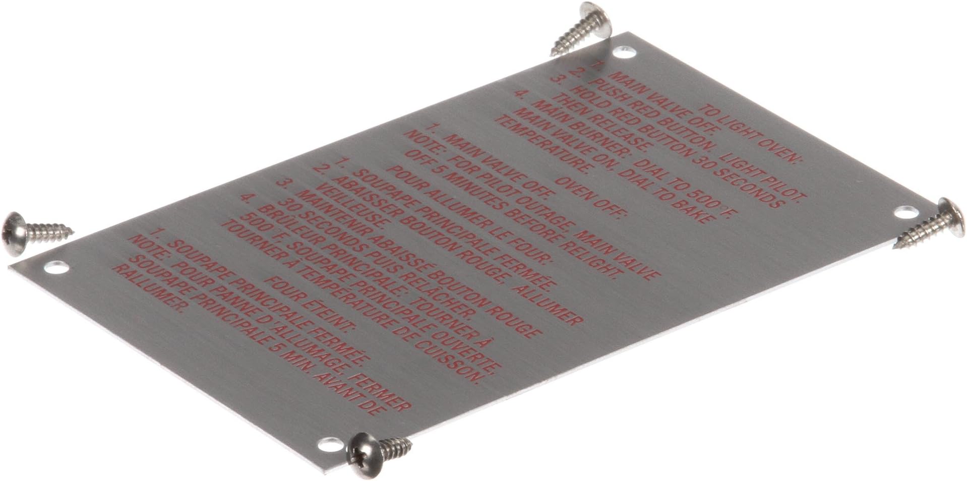 Blodgett 20326 Lighting Instruction Plate with Screws