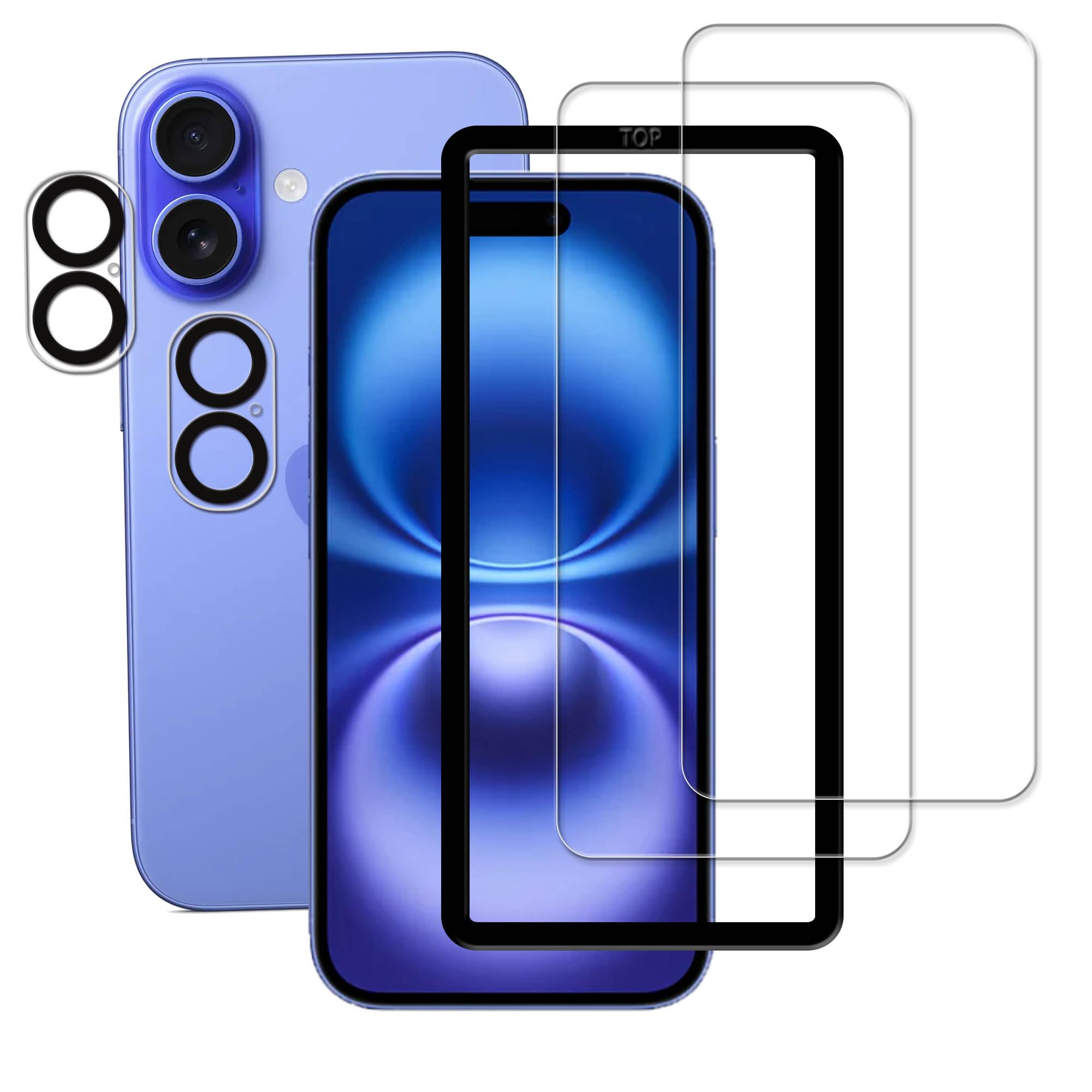 KPNS iphone 16 ガラスフィルム【2+2枚セット】ガイド枠付き 日本素材製 強化ガラス iPhone16 用 ガラスフィルム カメラフィルム カバー アイホン16 保護フィルム