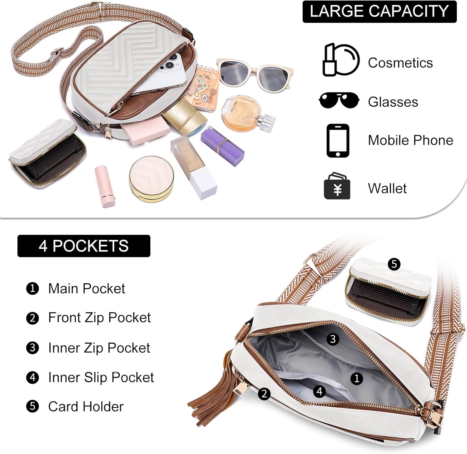 Crossbody Bags for Women Shoulder Handbags: Quilted Wallet Set Vegan Leather Purses with Tassel Adjustable Guitar Wide Strap - Image 3