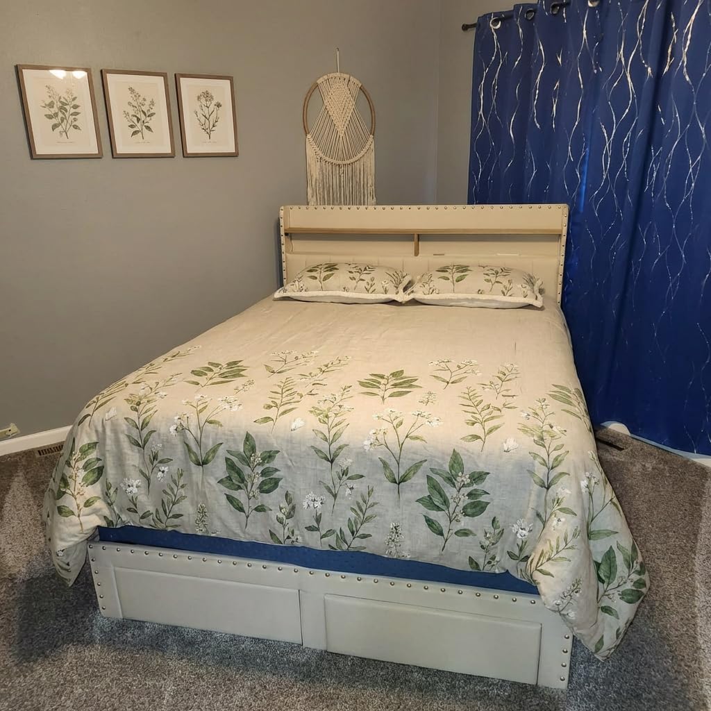 EnHomee King Size Bed Frame with 2 Storage Drawers, Upholstered Platform Bed with LED Lights and Charging Station, Sturdy Wooden Slats Support, No Box Spring Needed, Noise Free, Beige