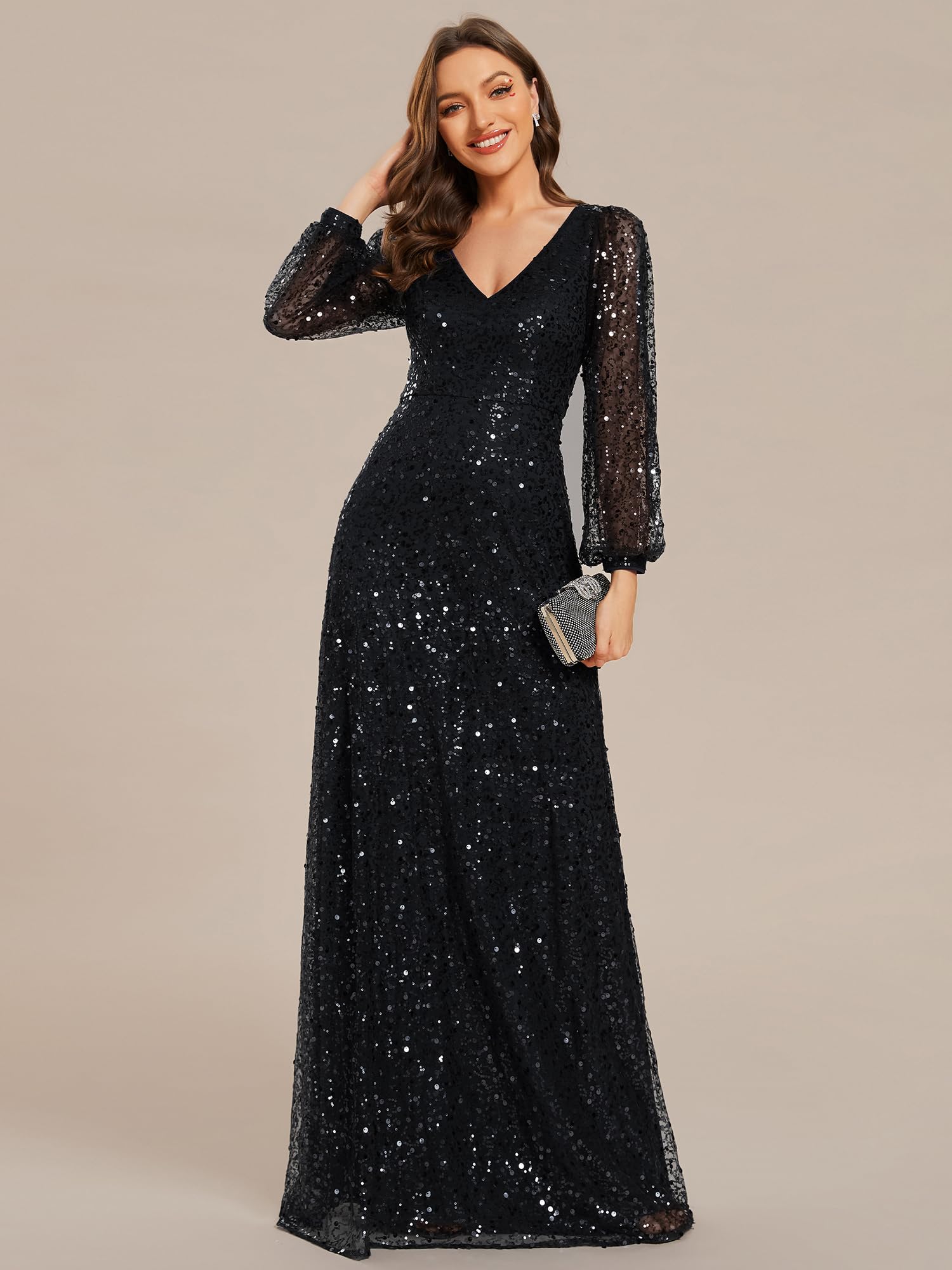 Ever-Pretty Abiti da Sera Donna Elegante Manica Lunga Slim Vita Alta Brillantini Tulle Vestito da Cerimonia Maxi Lungo Abita da Cocktail EE01999