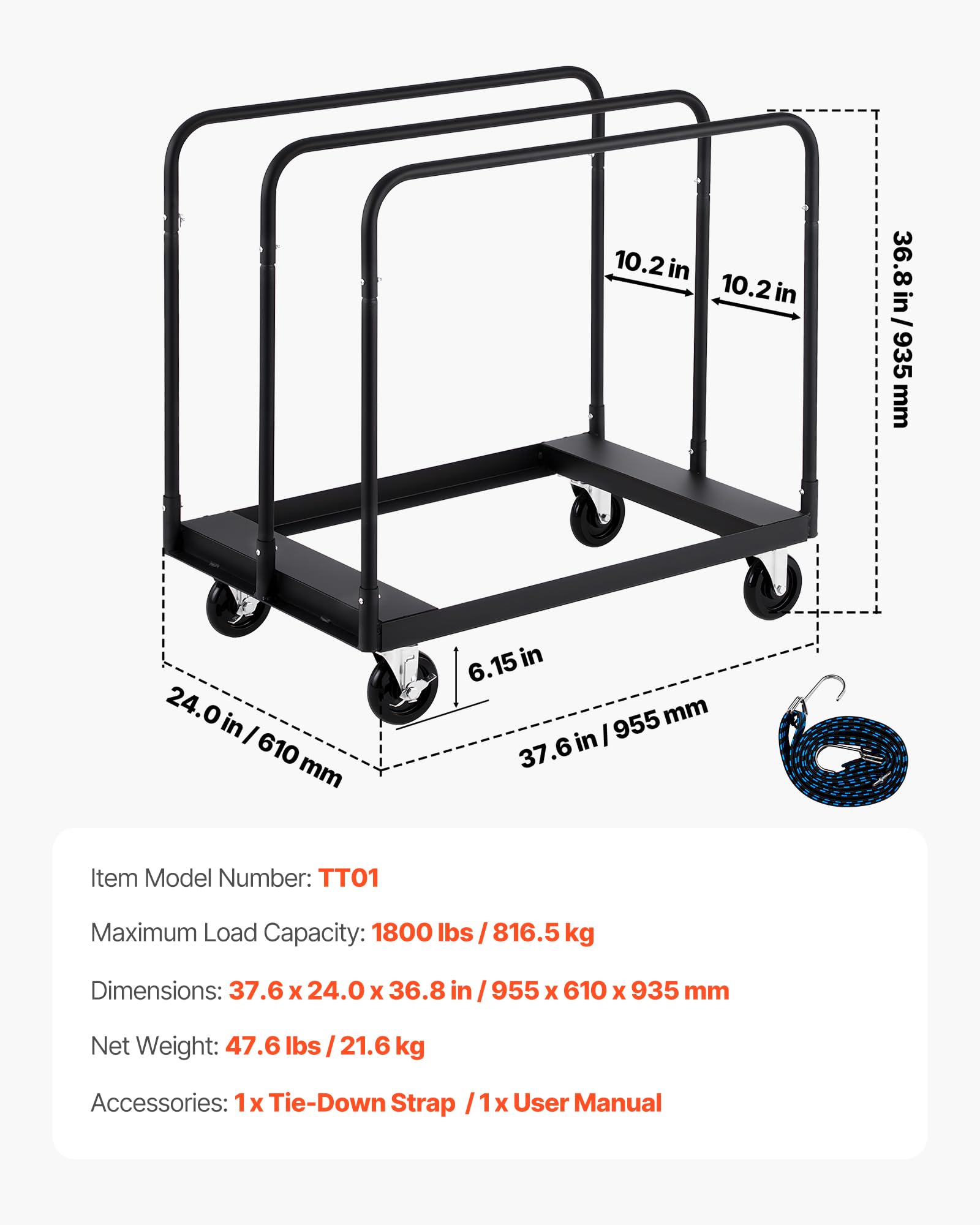 VEVOR Carrello a pannelli Q235B, trasportatore a piastre con ruote universali per carichi pesanti, 975 x 610 x 990 mm