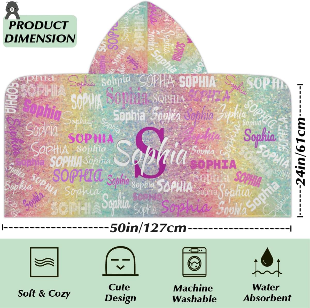 Custom Kids Hooded Beach Towel with Name, Swimsuit Cover-up Wrap Travel Holiday Bath Towel with Snaps, One Size, Colorful Rainbow Glitters Effect Name Ranked Print