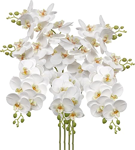 Orquídeas blancas de 30 pulgadas, flores artificiales de tacto real Phalaenopsis en aerosol, tallos de orquídeas artificiales con 12 flores de