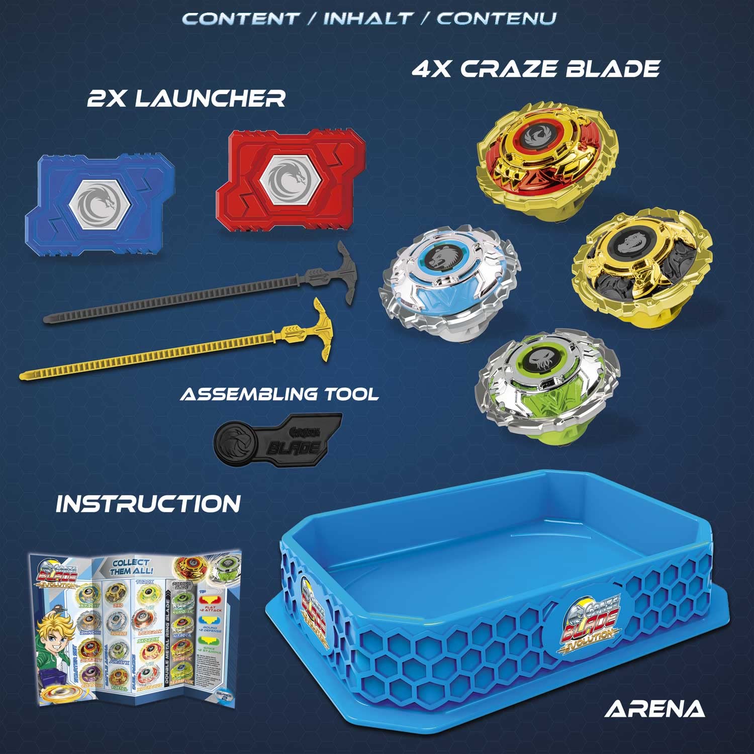 CRAZE BLADE XXL Battle Set 4er Blade Metall Kampfkreisel inkl. Zubehör Kampfarena, Arena Kreisel für Kinder Burst Kreisel spielzeug jungen 32800