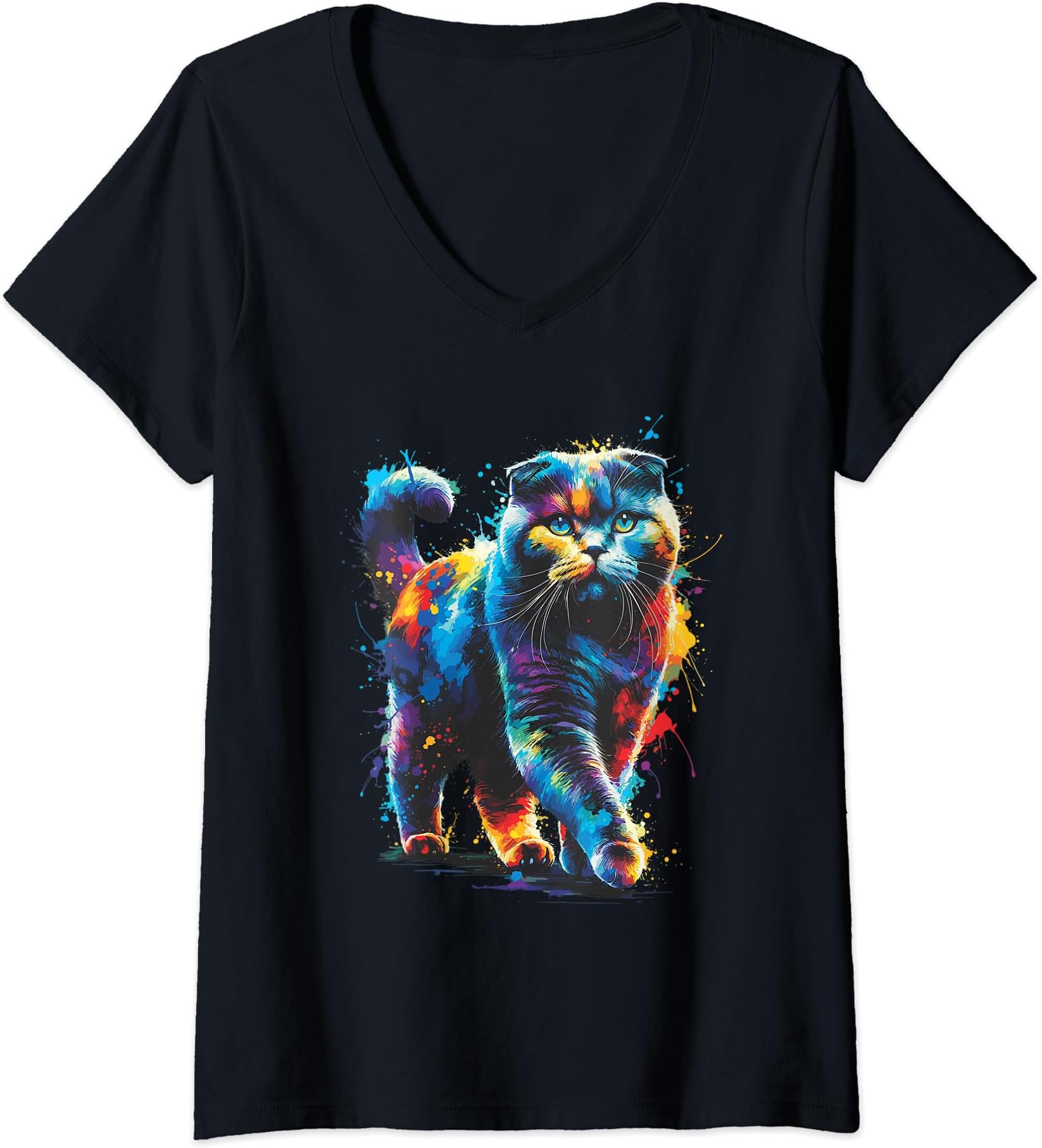 Womens Colorful Splash Art Scottish Fold Cat Scottish Folds Coupari V-Neck T-Shirt