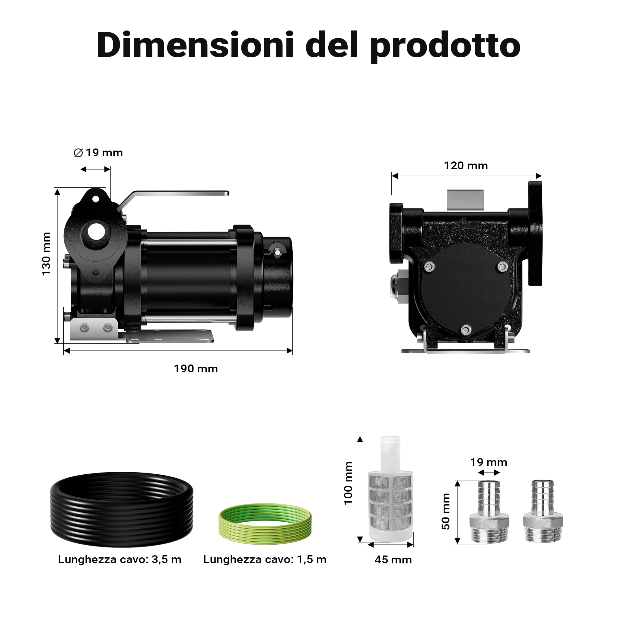 Wiltec Pompa travaso carburante 12 V 180 W, Pompa travaso gasolio/benzina, 40 l/min, 4200 giri/min