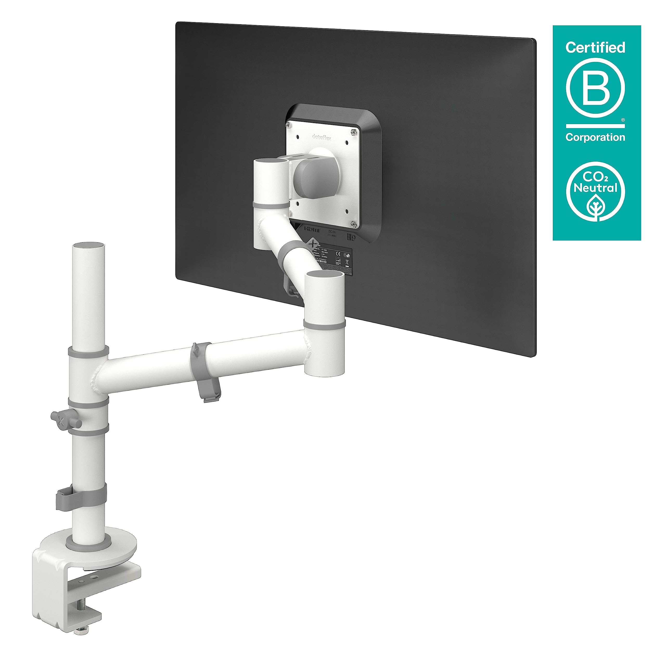 Dataflex Viewgo Monitorarm - Schreibtisch 120 Weiß, platzsparender und ergonomischer Monitorarm, mit Klemme und statischer Höhenverstellung, Stahl, VESA-kompatibel, max. 8kg, geeignet für Monitore bis zu 900mm Höhe | Einzelarm für 1 Monitor, weiß