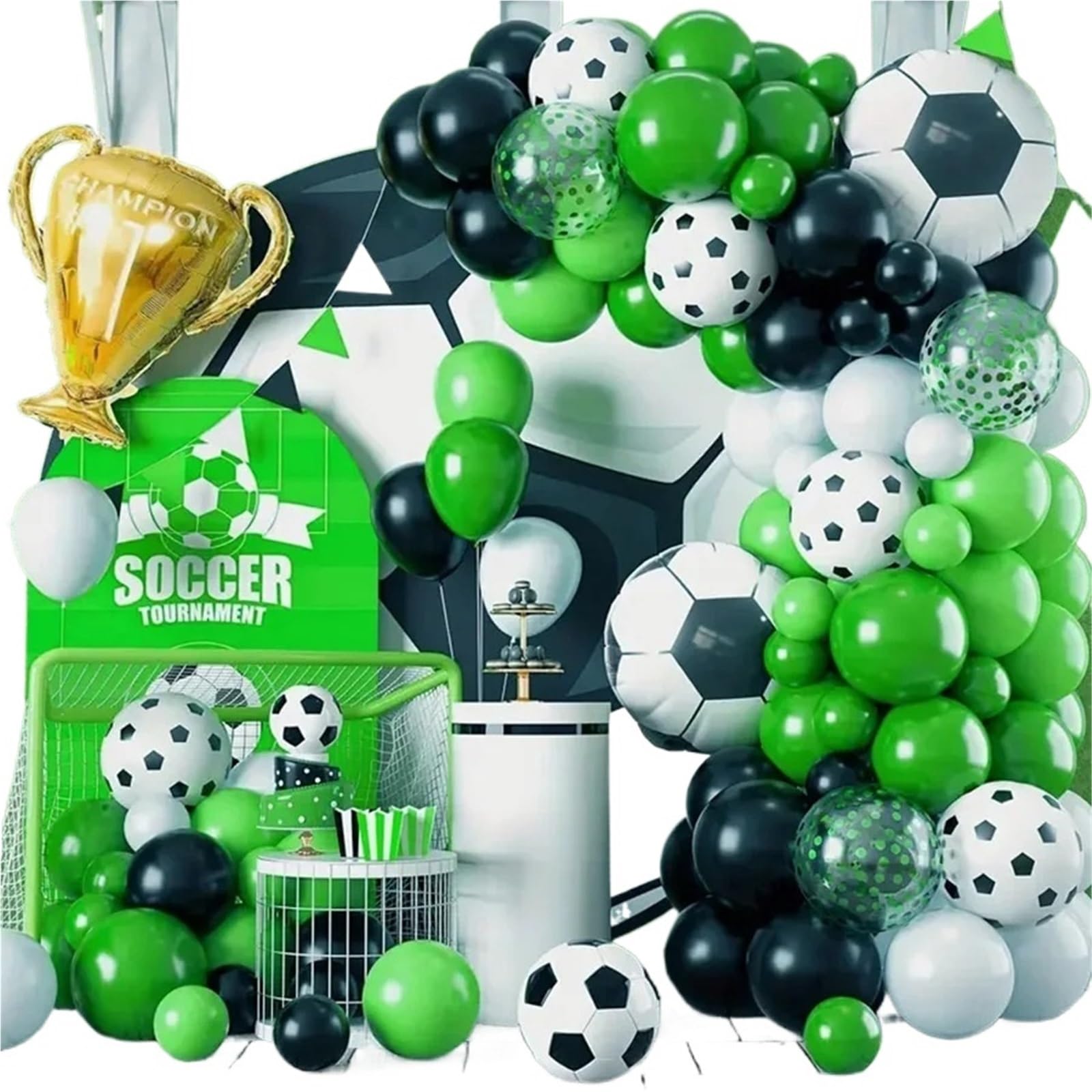 121 Uds. Kit de arco guirnalda globos látex negro, blanco y verde con tema fútbol for decoración fiesta cumpleaños boda para Fiestas