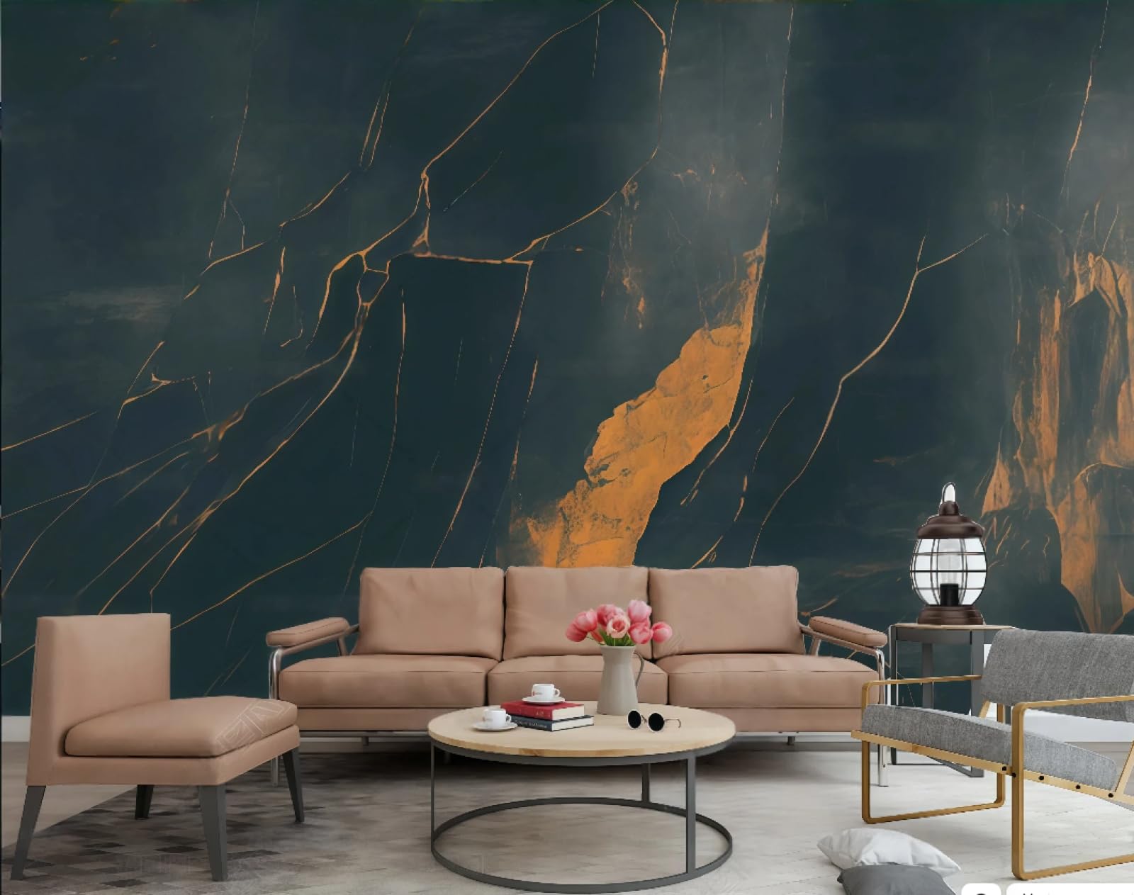 Tapeta nowoczesna minimalistyczna sztuka pomarańczowe falowane szwy ciemnoniebieski marmur TV sofa tło tapeta ścienna salon restauracja kawiarnia mural, 3D, 300 x 210 cm