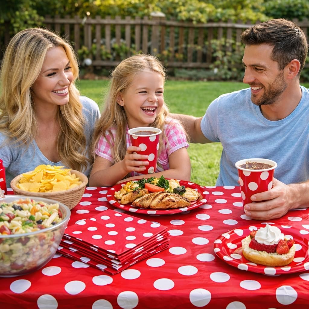 Serves 30 Complete Party Pack Red Polka Dot Party Supplies 9" Dinner Paper Plates 7" Dessert Paper Plates 9 oz Cups 3 Ply Napkins 2 Red Polka Dot Table Cover Size: 54" x 108"