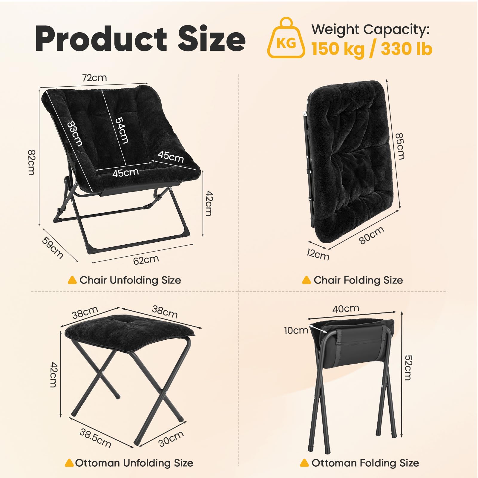 Sillón Plegable de Piel Sintética con Reposapiés, Bastidor Metálico Triangular Resistente hasta 150kg, Sillón Grande Relax Adultos Lectura Gaming (Negro)