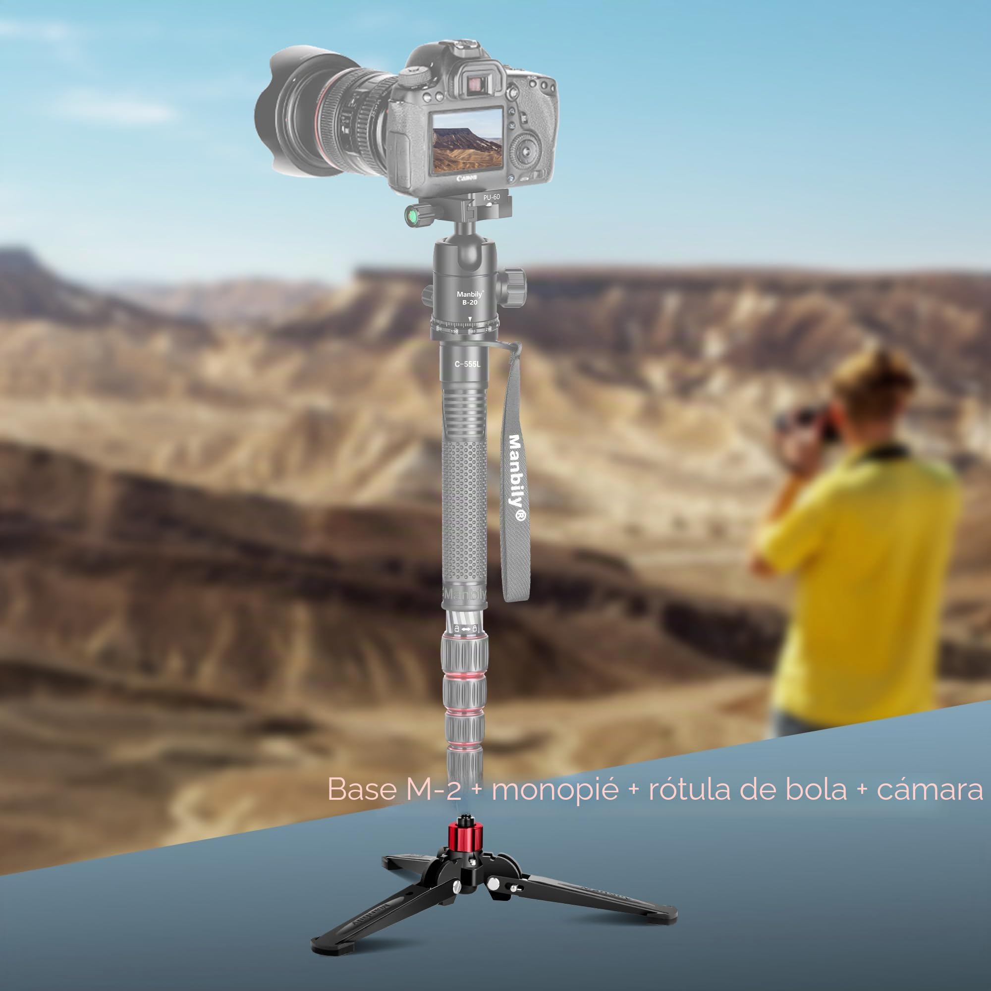 Manbily Mini base de trípode para monopiés, trípodes de escritorio de tornillo de 3/8 pulgadas con tres pies, soporte monopié, viaje para videocámara DSLR de cabeza fluida, inclinación de 20° y