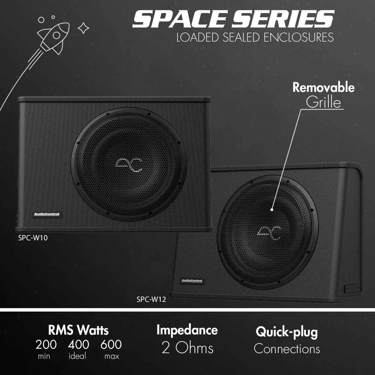 AudioControl Space Series Loaded Sealed Wedge Car Audio 12" Subwoofer Box Enclosure, Slim Low-Profile Underseat 400W RMS/600W Max, 2 Ohms