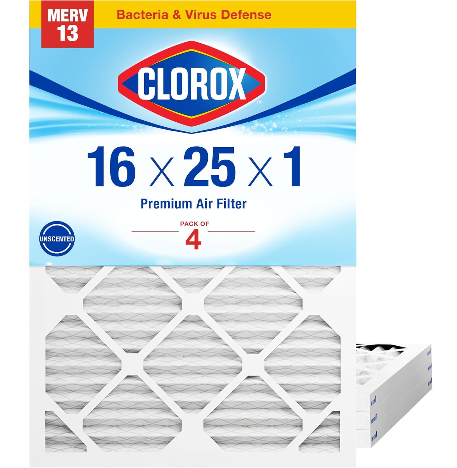 Clorox 16x25x1 Air Filter, MERV 13 Pleated HVAC AC Furnace Air Filters for Allergies, Pet Dander, Smoke and more, MPR 1500 & FPR 10 – Pack of 4