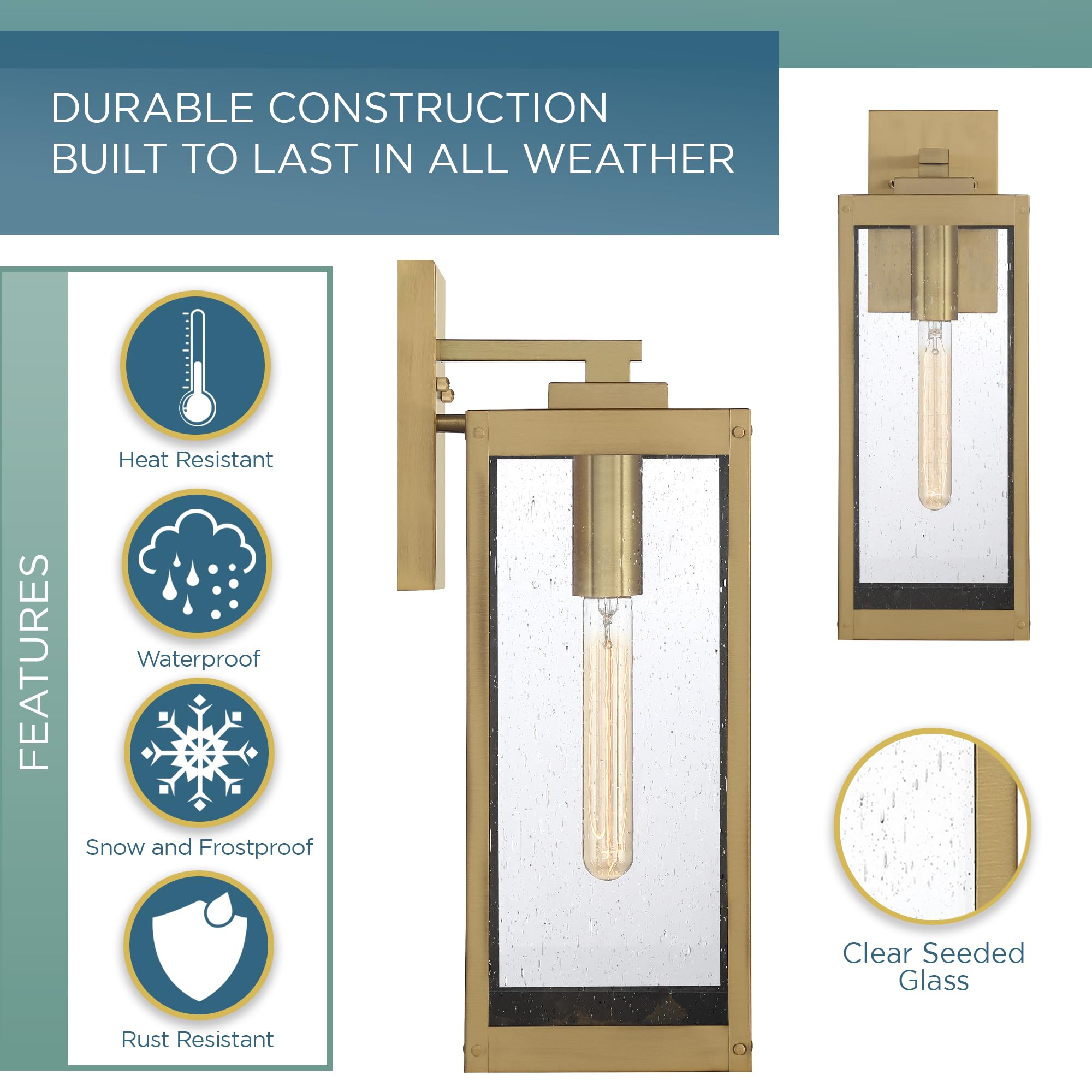 Quoizel Westover Modern Wall Sconce, 17 Inch Antique Brass 1-Light Outdoor Light Fixture, Clear Seeded Glass Wall Lantern, 100 W, Industrial Design Wall Light for Porch, Patio, Gazebo or Yard