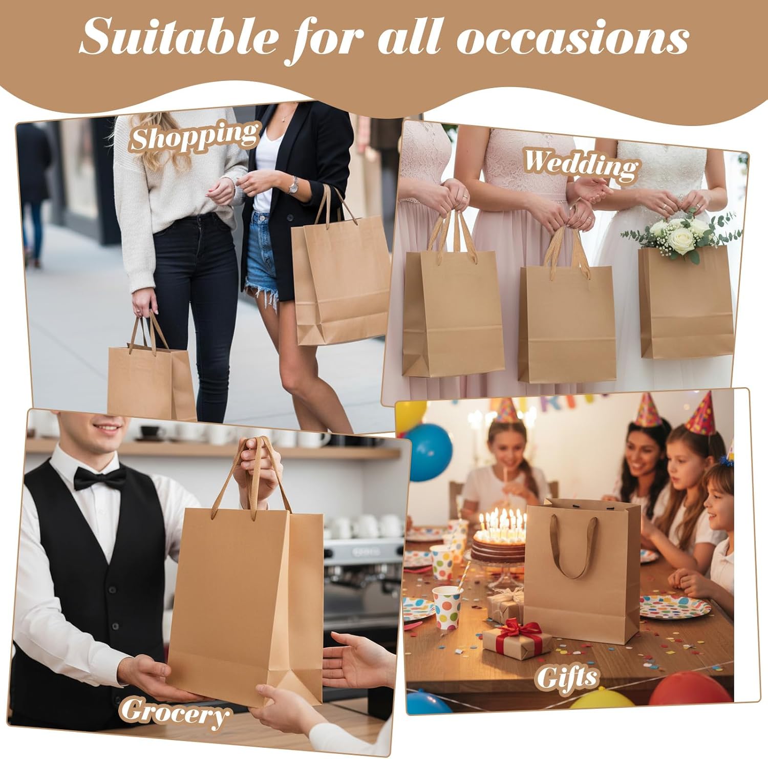 Meyeyaia 40 Pack Kraft Brown Paper Gift Bags with Handles,4 Sizes Paper Gift Wrap Goodie Bags, Dessert Shopping Bags for Business Party Favors((Vertical)