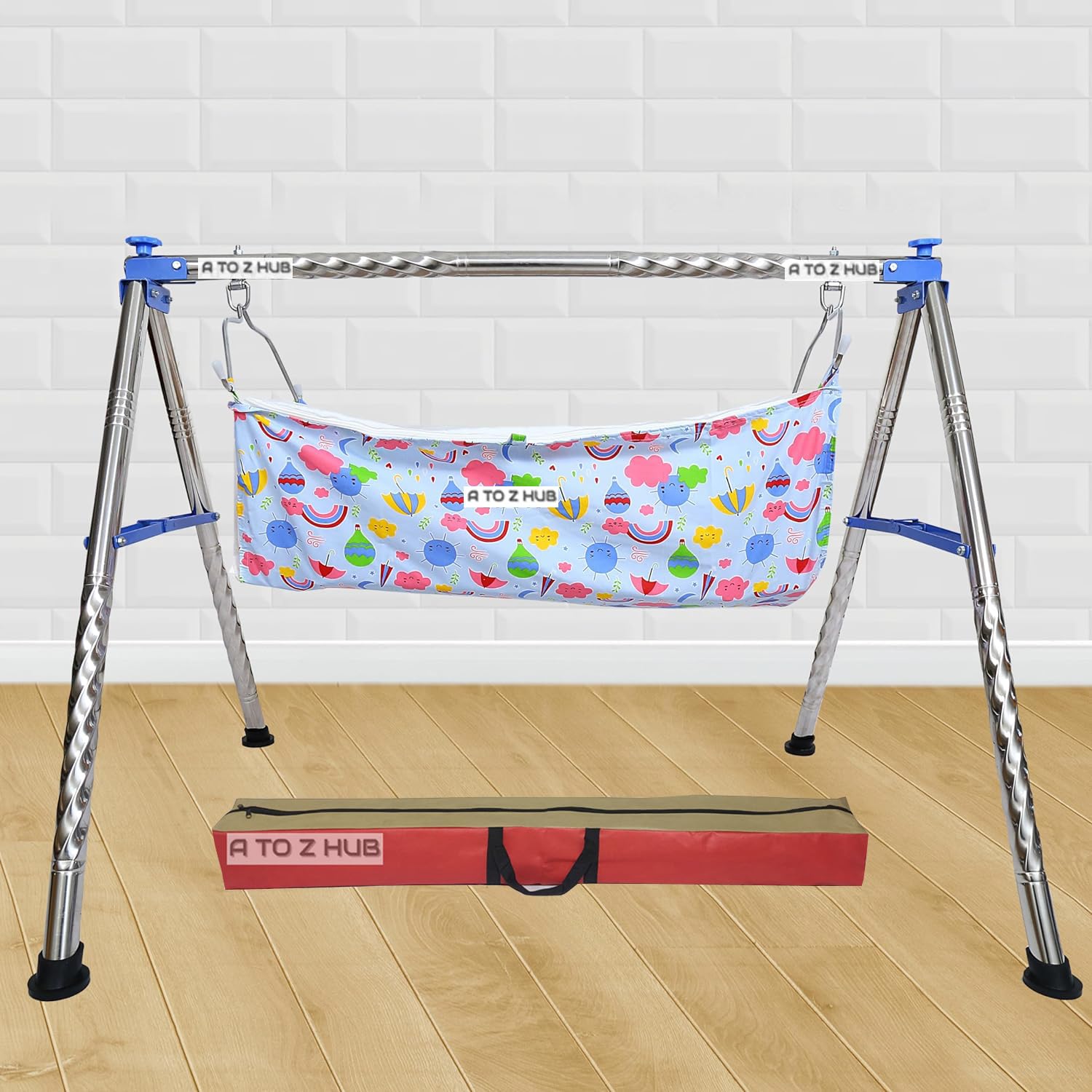 A to Z HubBaby Swing Cradle: Portable Folding Jhula/Ghodiyu/with Free Cotton Hammock - Create a Soothing Oasis for Your Precious Little One (Blue)