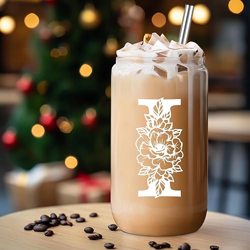 Miniatura 42 de Coolife Vaso de vidrio con inicial, regalos con monograma para mujer, tazas de vidrio de 16 onzas con tapas y pajitas, vaso de cerveza para batido