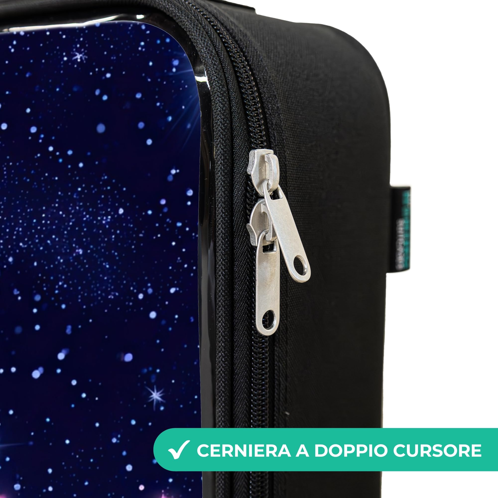 NoBoringSuitcases© Valigia Per Bambini Compatto Bagaglio Ultraleggero | 48x31x19 cm - Trolley A Mano Rigidi LED Ruote Valigie Neonato - Ragazze - Stelle - Galassia - Blu - Rosa