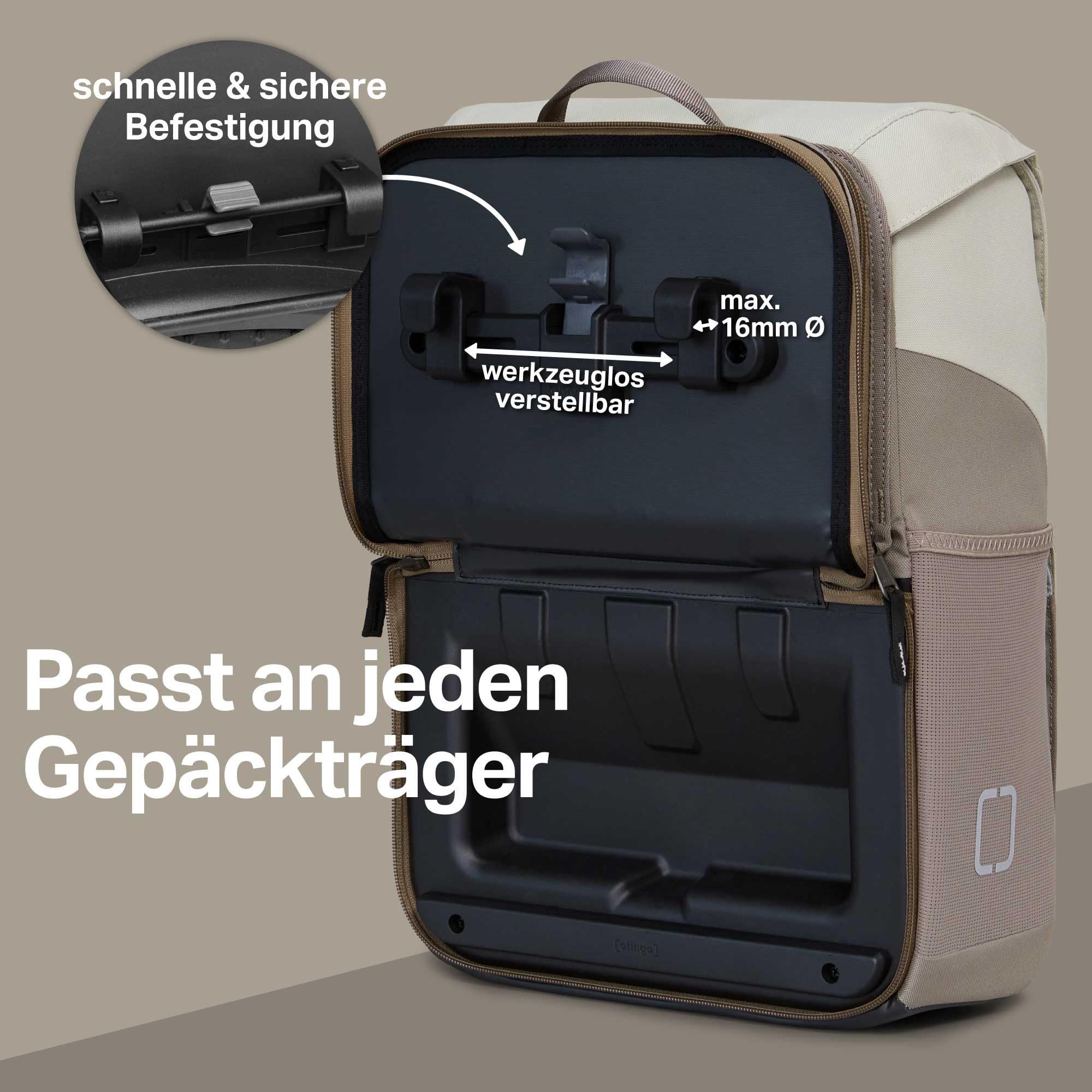 otinga® Flip Move Fahrradtasche Rucksack [16L Volumen] für jeden Gepäckträger I Gepäckträgertasche mit Rucksack - in 7 Sekunden umgebaut I Wasserdichter Fahrradrucksack Gepäckträger (leinen-grau)