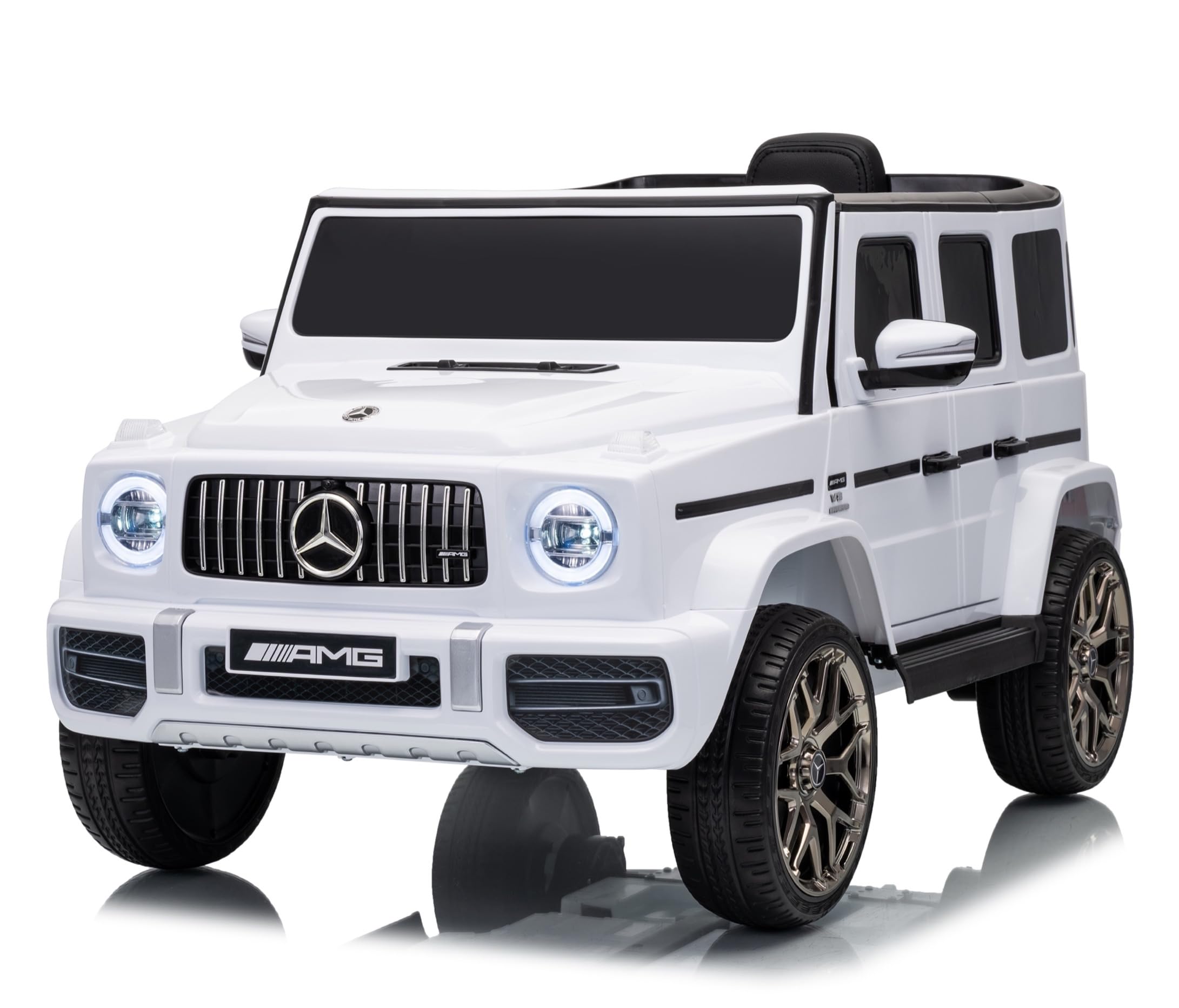 FINOOS Coche Electrico para Niños Mercedes G63 AMG 12V, con 2 Motores, Control Remoto, Bluetooth, Ruedes de Goma, Asiento de Cuero (Blanco)